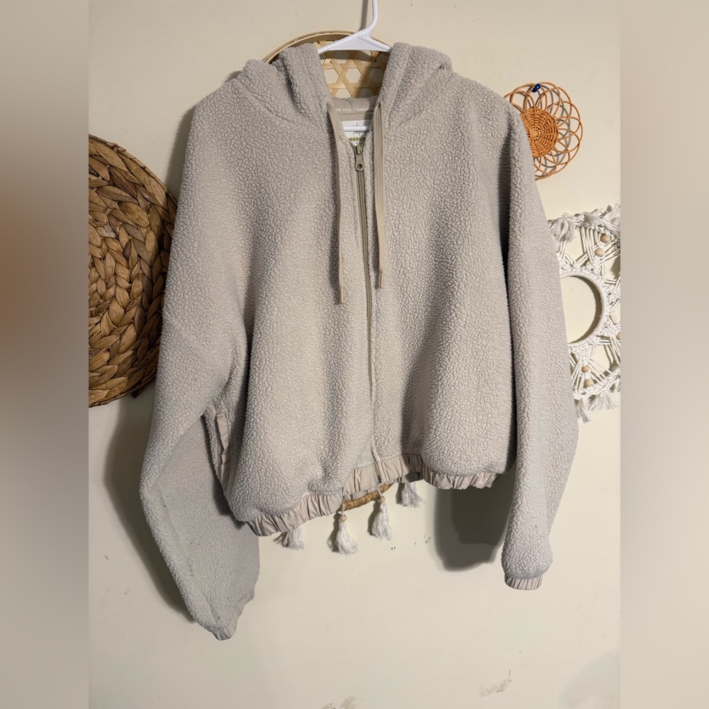 aerie Cream Sherpa Zip Hoodie with Drawstring Hood